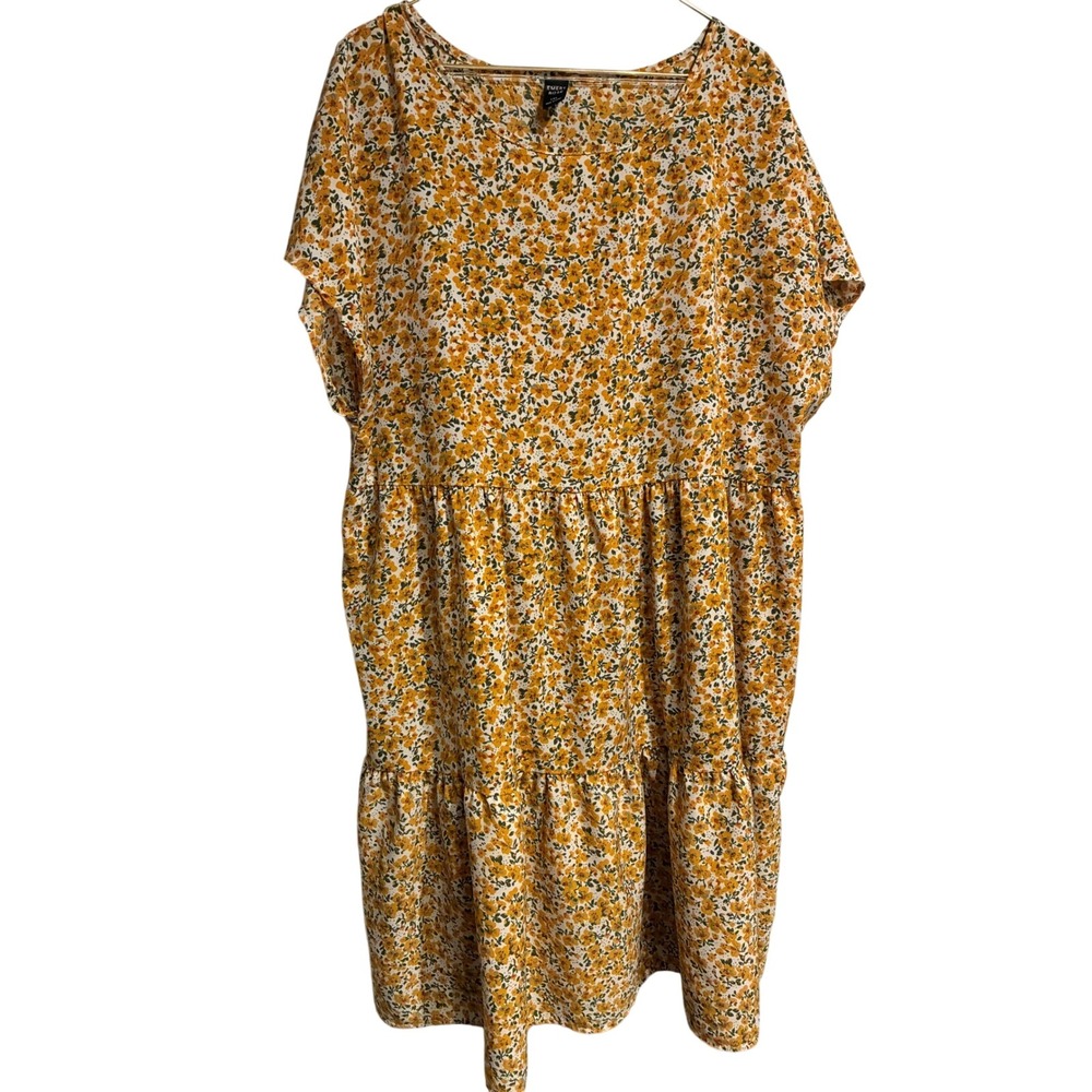 Emery Rose Yellow Floral Tiered Babydoll Dress 1XL Short Sleeve Boho Mini Shift